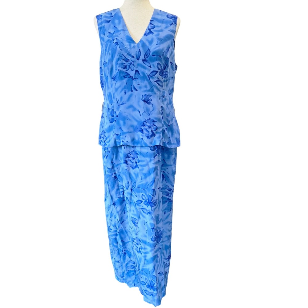 Spenser Jeremy 100% Silk Floral Dress Blue Sleeveless Vintage Womens Size‎ 14